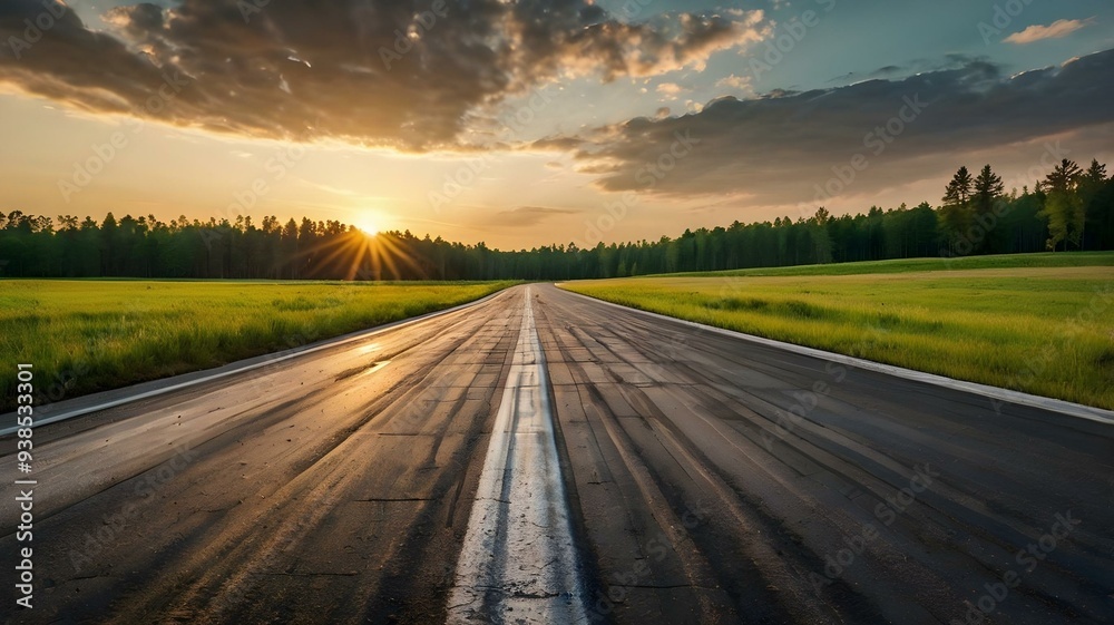 Naklejka premium Empty race track and green woods nature landscape at sunset