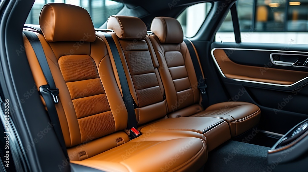 Obraz premium Luxury car rear leather seats row Interior of new modern clean expensive car Passenger seats with leather Closeup details New car inside Car cleaning theme : Generative AI
