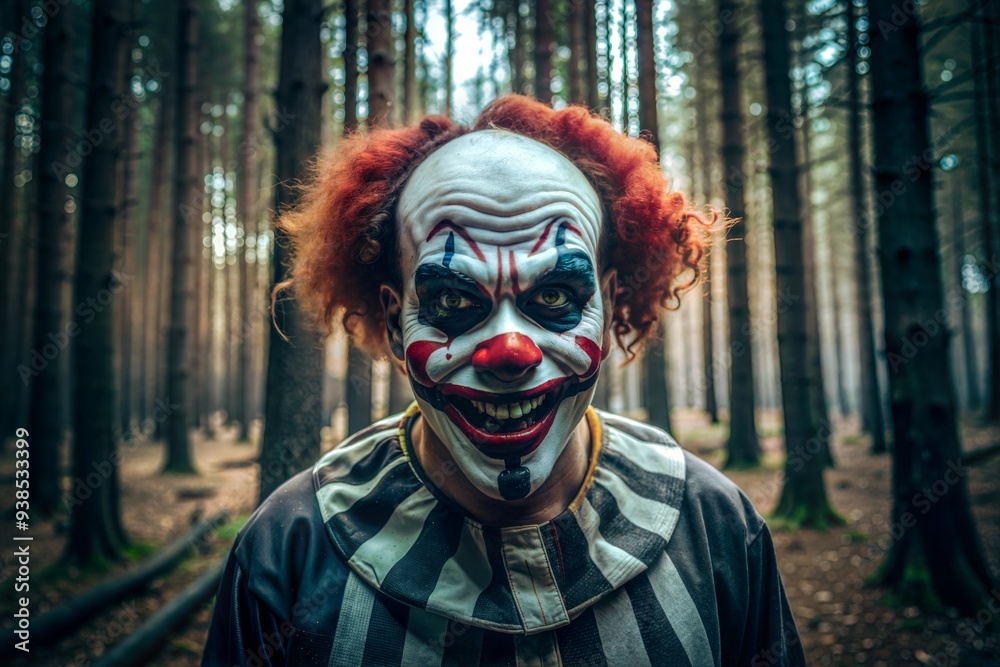 Scary clown in the woods. Evil clown costume for Halloween Scary clown in the woods. Evil clown costume for Halloween