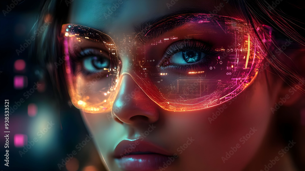 Close-up of a woman's face wearing futuristic glasses with glowing digital cityscape inside. Close-up of a woman's face wearing futuristic glasses with glowing digital cityscape inside.