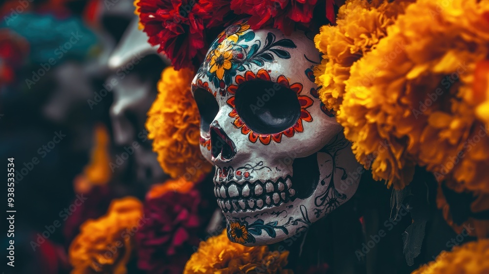 Decorated skull surrounded by vibrant marigold flowers, traditional festive display