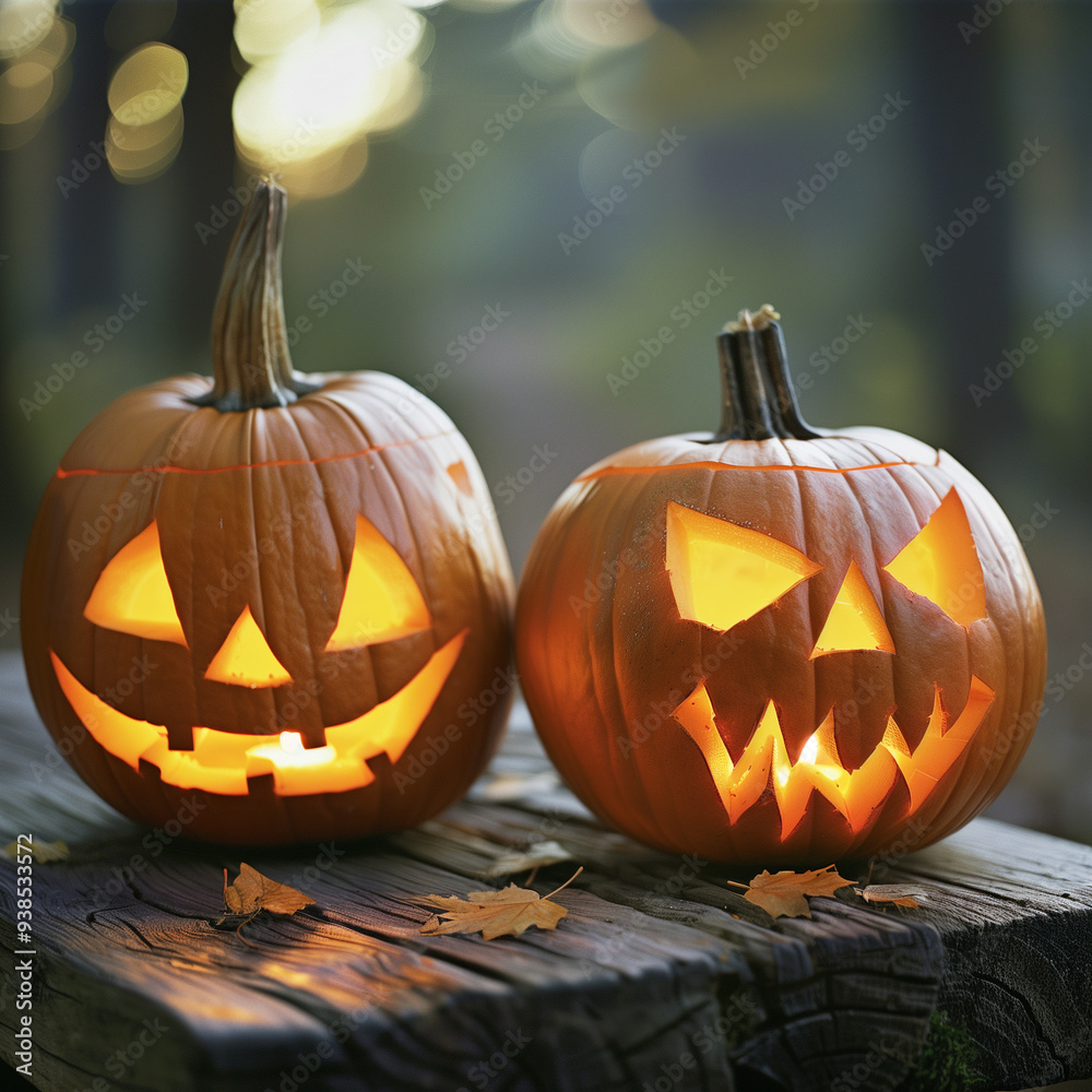Fototapeta premium Two glowing jack-o'-lanterns with carved faces, side by side, blurred children of various nationalities dressed for Halloween, background of abandoned house. Festival of important days 