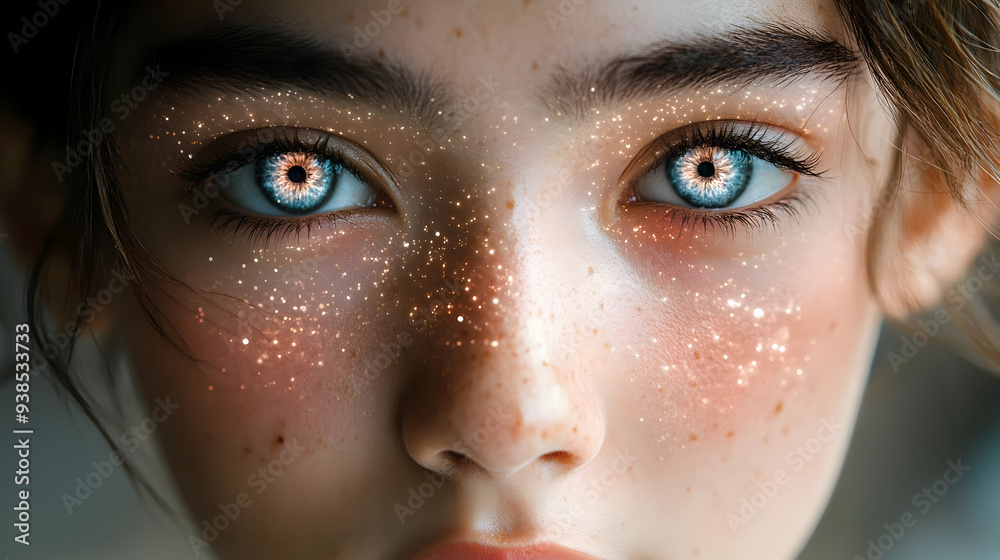 Close-up of a woman's face with blue eyes and glitter on her skin. Close-up of a woman's face with blue eyes and glitter on her skin.
