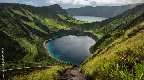 Mountain landscape with hiking trail and view of beautiful lakes, Ponta Delgada, Sao Miguel Island, Azores, Portugal