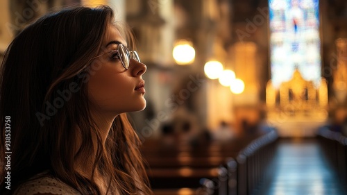 Pensive young woman with glasses in dimly-lit ornate building