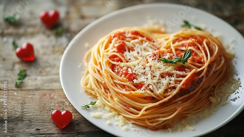 Heart shaped spaghetti with tomato sauce and parmesan cheeses on white plate with wooden backgroundHealthy vegeterian romantic art food idea for Valentines dinnerTop viewCopy space : Generative AI photo