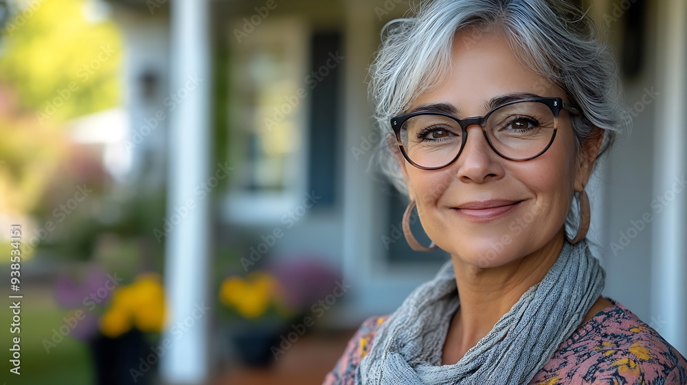 Portrait of happy mature woman standing outside her house : Generative AI Portrait of happy mature woman standing outside her house : Generative AI