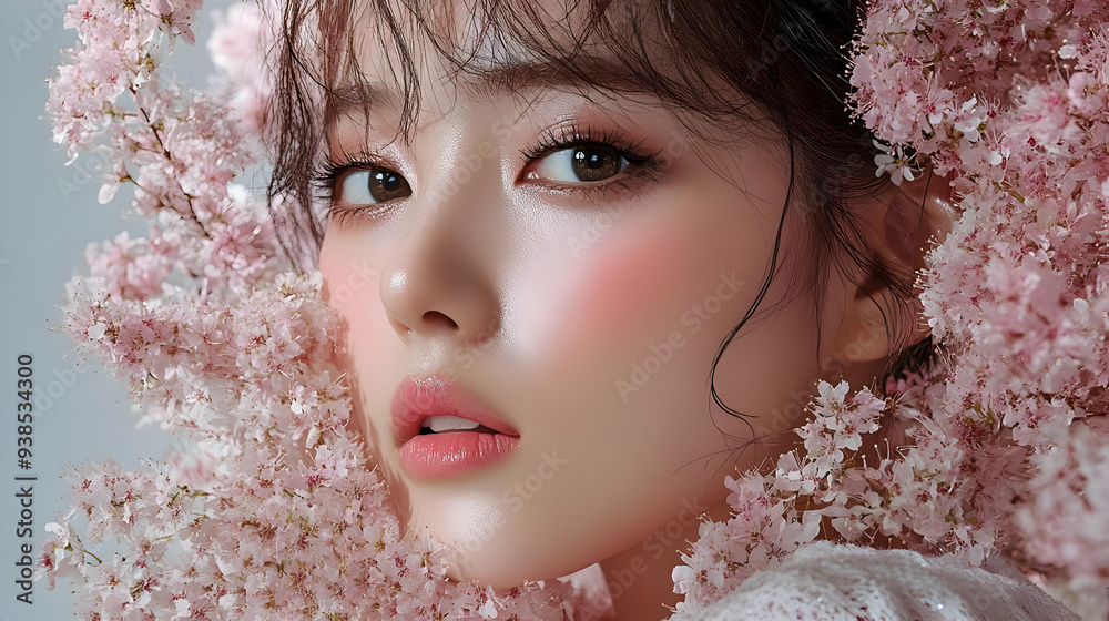 Closeup of a woman's face with pink blossoms.