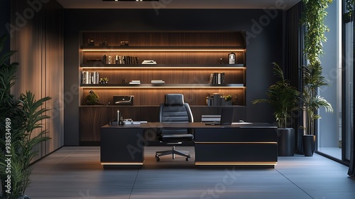 stylish luxury home office interior in an ultramodern brutal apartment in dark colors and cool led lighting : Generative AI