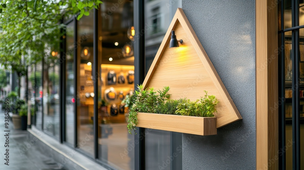 Fototapeta premium Modern Wooden Triangle Sign with Plants