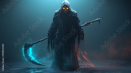 Dark hooded figure with glowing eyes holding a flaming scythe in a smoky, eerie atmosphere. Fantasy and horror concept art. photo