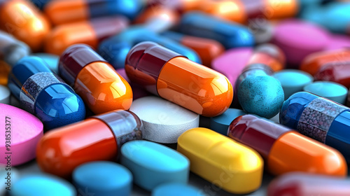 Close-up of colorful capsules and tablets scattered on a surface.