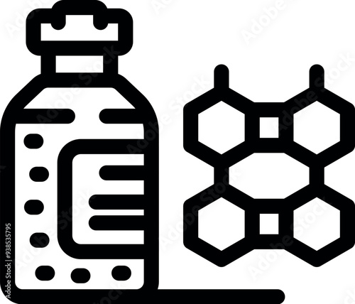 Simple bold outline icon representing a vial of vaccine standing near a molecule structure