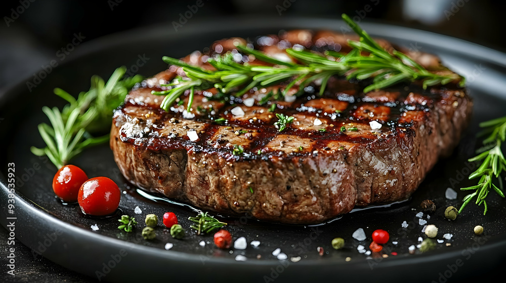 Close-up of grilled steak with rosemary and peppercorns on a black plate. Close-up of grilled steak with rosemary and peppercorns on a black plate.