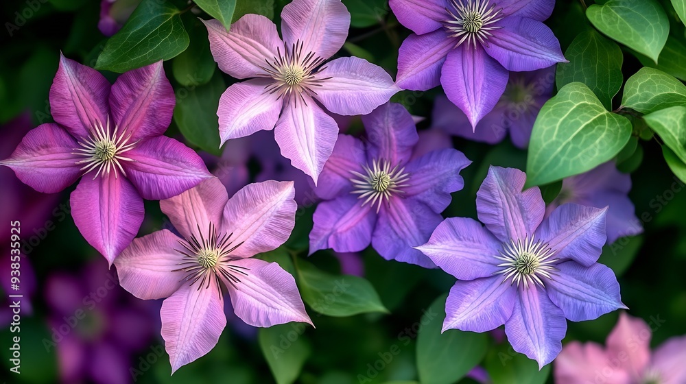 custom made wallpaper toronto digitalVibrant purple and pink clematis flowers in full bloom The flowers are surrounded by green leaves creating a colorful and beautiful natural display perfect for gardening inspiration : Generative AI