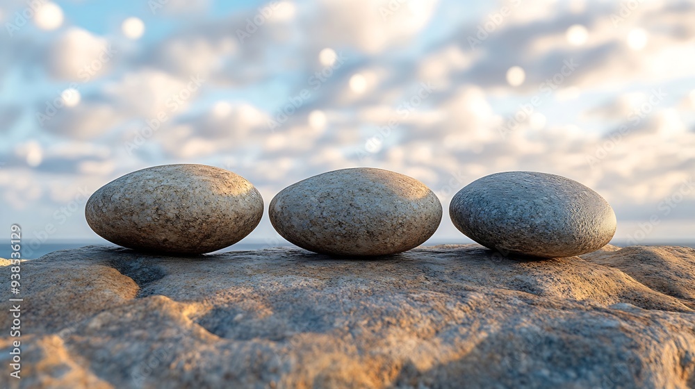 Three Rock Tops for a Product Display Showing Middle Close Focus to the Stone Surface on an Artistic Cloudy Foreground and Background with a Bokeh Balls Sky : Generative AI Three Rock Tops for a Product Display Showing Middle Close Focus to the Stone Surface on an Artistic Cloudy Foreground and Background with a Bokeh Balls Sky : Generative AI
