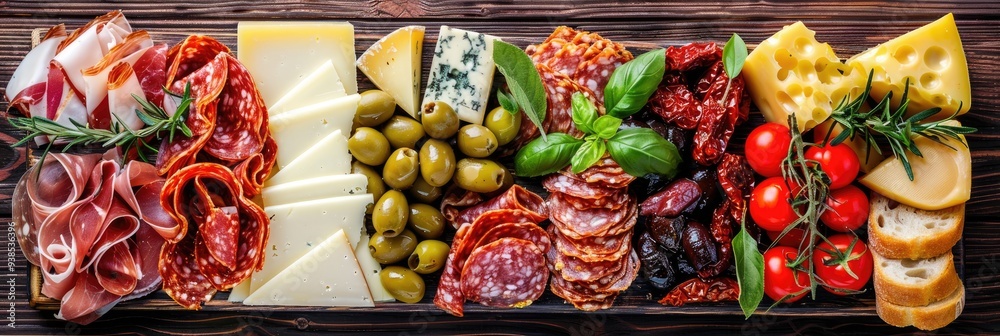 Charcuterie board featuring a variety of cheeses, sausages, sun-dried tomatoes, and olives arranged on a wooden table, showcasing Parmesan, blue cheese, prosciutto, and salami as a delicious appetizer Charcuterie board featuring a variety of cheeses, sausages, sun-dried tomatoes, and olives arranged on a wooden table, showcasing Parmesan, blue cheese, prosciutto, and salami as a delicious appetizer