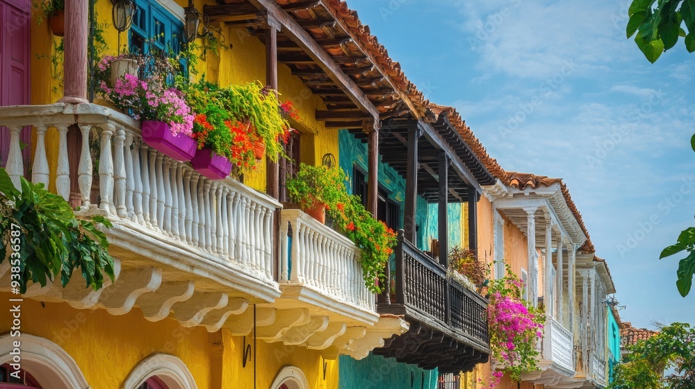 Fototapeta premium Colorful colonial buildings with balconies and bright flowers under clear sky