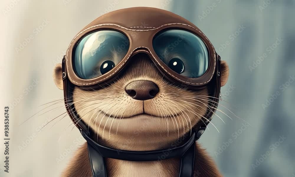 2D cartoon style portrait of an adorable otter wearing a flying leather helmet and goggles featuring a cute animal head design 2D cartoon style portrait of an adorable otter wearing a flying leather helmet and goggles featuring a cute animal head design