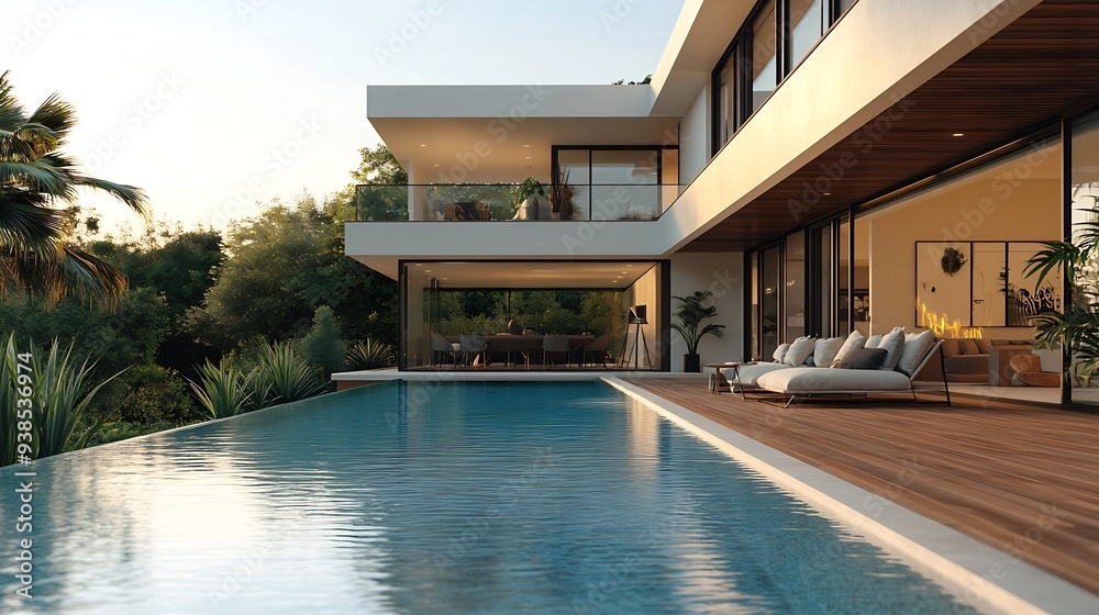 Fototapeta premium Modern villa with pool and deck with interior and exterior views : Generative AI
