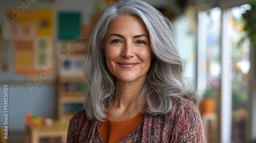 Wallpaper Mural Middle age woman with grey hair preschool teacher smiling confident standing at kindergarten : Generative AI Torontodigital.ca