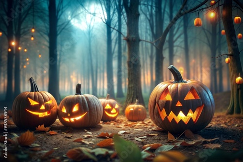 Halloween pumpkins in the forest at night. The spooky, scary, dark Nightwoods. Holiday event halloween banner background concept photo