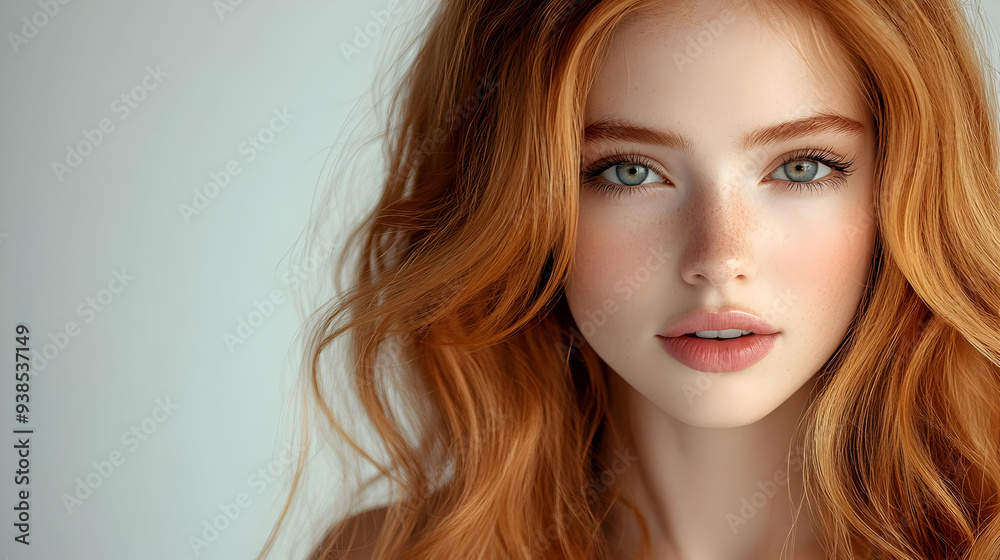 Close-up portrait of a beautiful woman with red hair and freckles. Close-up portrait of a beautiful woman with red hair and freckles.