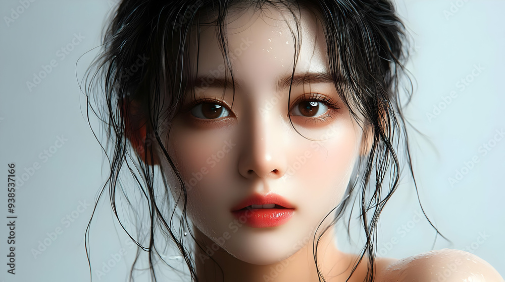 Close-up portrait of a beautiful woman with wet hair and glowing skin. Close-up portrait of a beautiful woman with wet hair and glowing skin.