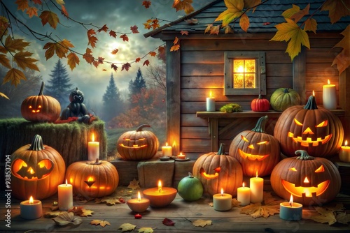 Halloween night with a spooky house, creepy pumpkins, candles, bats and full moon. Halloween background