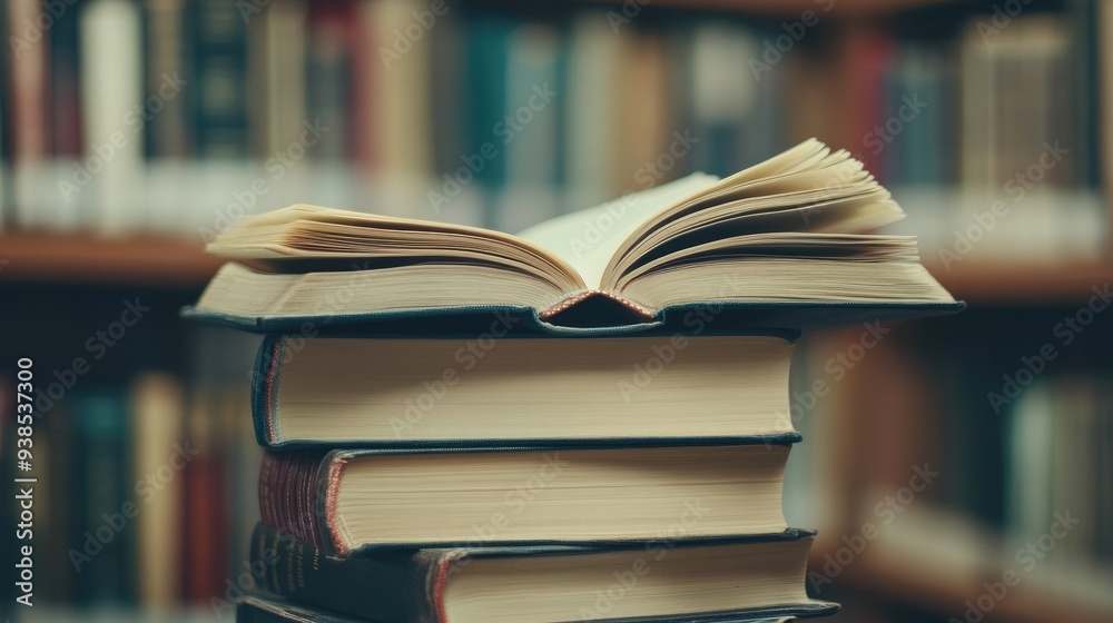 A stack of books on a school shelf, with one open, ready for study and reflection A stack of books on a school shelf, with one open, ready for study and reflection