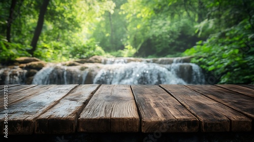 Wooden table top on blur stream and forest natural background in waterfallFor montage product display or design key visual layoutview of copy space : Generative AI photo