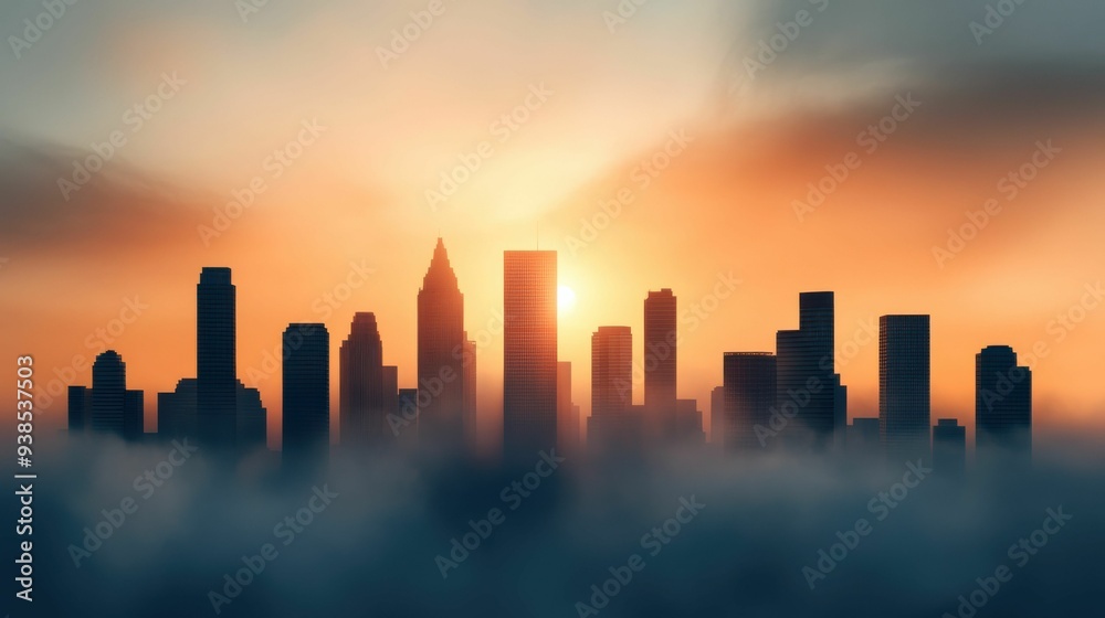 Sunset Over Fog-Covered City Skyline with Golden Light and Silhouetted Skyscrapers. Sunset Over Fog-Covered City Skyline with Golden Light and Silhouetted Skyscrapers.