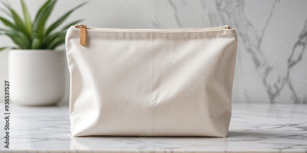 Cosmetic bag with zipper for makeup and beauty tools. Modern realistic mockup of fabric pouch with zip for toiletry, soap and body care products.