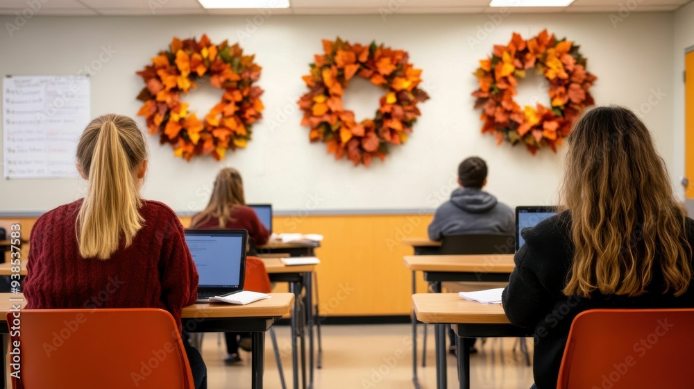 Students Studying in Autumn Decorated Classroom with Wreaths on Walls. Students Studying in Autumn Decorated Classroom with Wreaths on Walls.