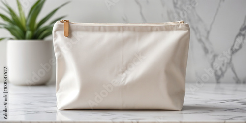 Cosmetic bag with zipper for makeup and beauty tools. Modern realistic mockup of fabric pouch with zip for toiletry, soap and body care products.