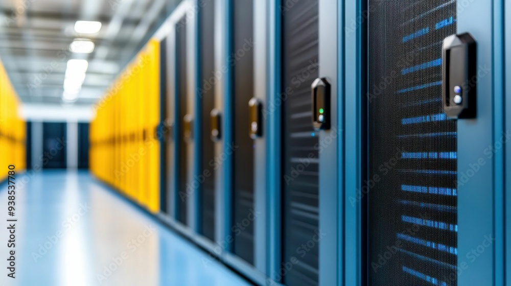 Modern Data Center Interior with Bright Yellow and Blue Server Racks. Modern Data Center Interior with Bright Yellow and Blue Server Racks.