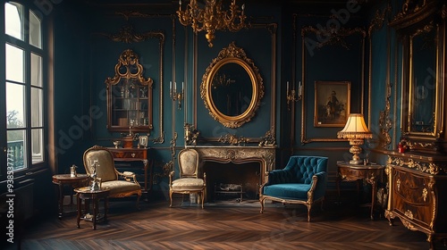 chic interior of the room in the Renaissance style of the 19th century with modern luxury furniture walls of noble dark color are decorated with stucco and gilded frames wooden parquet : Generative AI