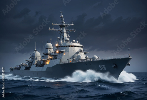 A large navy warship sailing through rough seas with stormy clouds in the background