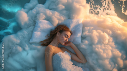 Surreal image of a peaceful young woman sleeping on soft clouds, symbolizing comfort and serenity, with ethereal lighting creating a dreamlike atmosphere, blending the concept of relaxation.