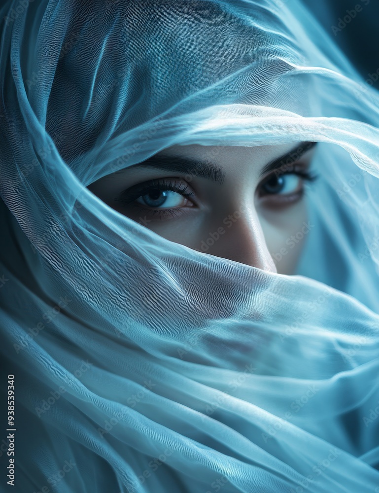 A beautiful mysterious young woman wearing a white hijab in digital light painting. Female face portrait wearing stylish hijab.