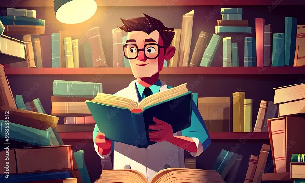 2D cartoon style scientist professor surrounded by books representing learning and knowledge in an educational setting