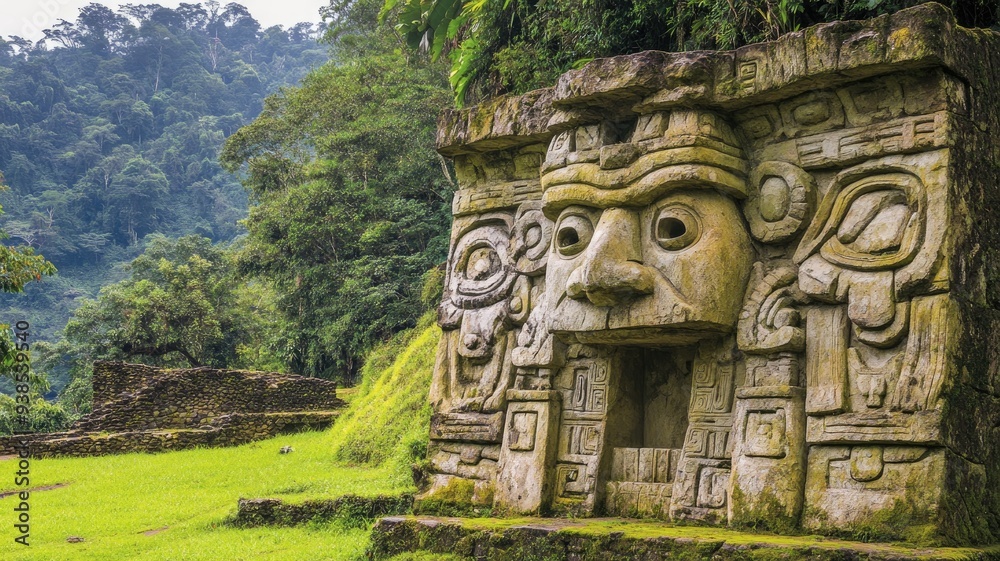 Ancient stone structure in lush, green forest setting Ancient stone structure in lush, green forest setting