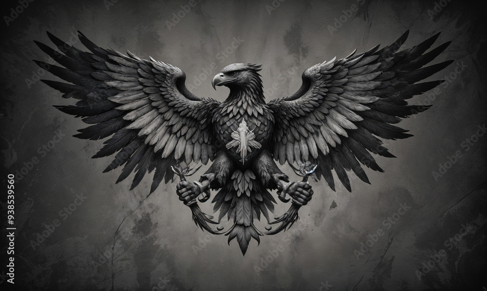 A majestic black eagle with its wings spread wide, its talons outstretched, and a fierce expression on its face. The eagle is set against a dark, dramatic background with rays of light shining through
