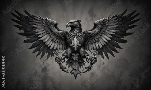 Obraz na płótnie A majestic black eagle with its wings spread wide, its talons outstretched, and a fierce expression on its face. The eagle is set against a dark, dramatic background with rays of light shining through w salonie