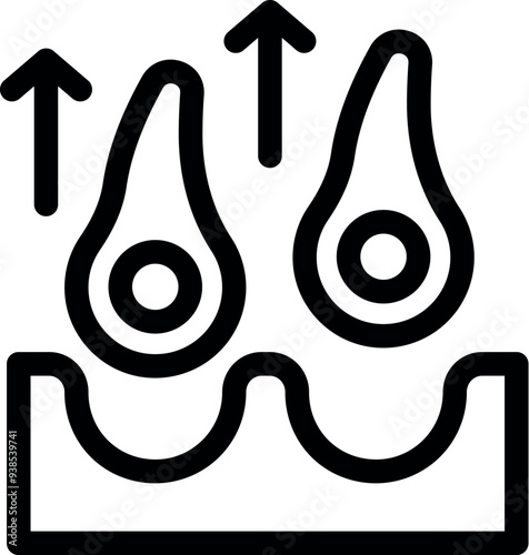 Line icon of hair follicles growing from skin with arrows pointing up demonstrating hair growth