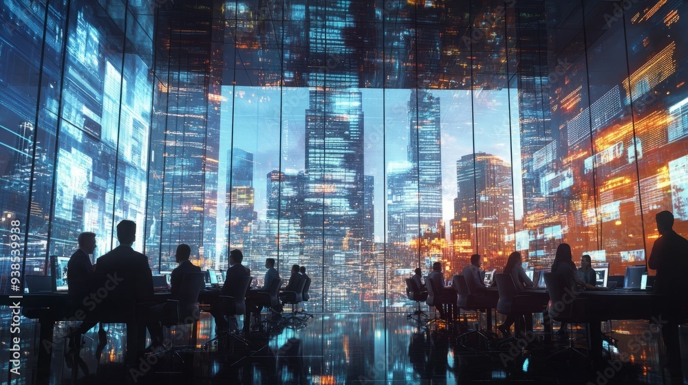 Fototapeta premium Silhouettes of people working in a modern office with a city skyline view.