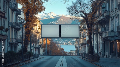 2 largeformat billboards on top of each other on a street in Switzerland in Ticino Lugano : Generative AI photo