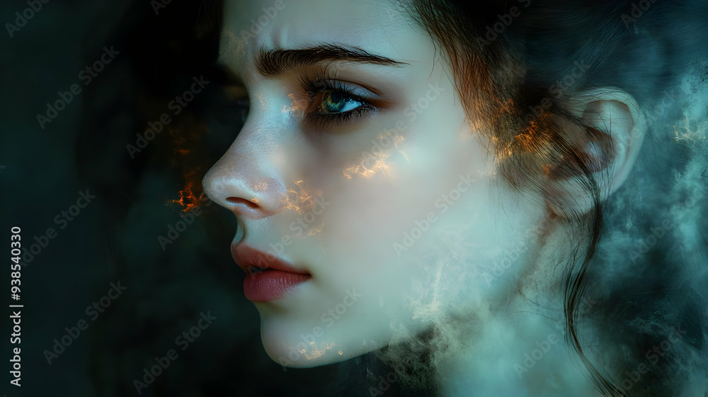 Close-up portrait of a young woman with a mystical glow around her face. Close-up portrait of a young woman with a mystical glow around her face.