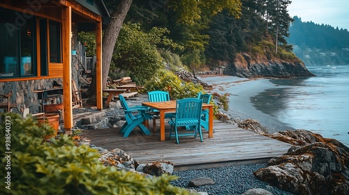 Sunrise Cove Lummi Island Washington beautiful beach house home exterior rocky landscape on a peaceful ocean bay in the Pacific Northwest large deck patio tables and chairs in colors o : Generative AI photo