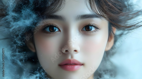 Close-up portrait of a young woman with dark hair and eyes, looking at the camera with a soft, dreamy expression, with a light blue background.